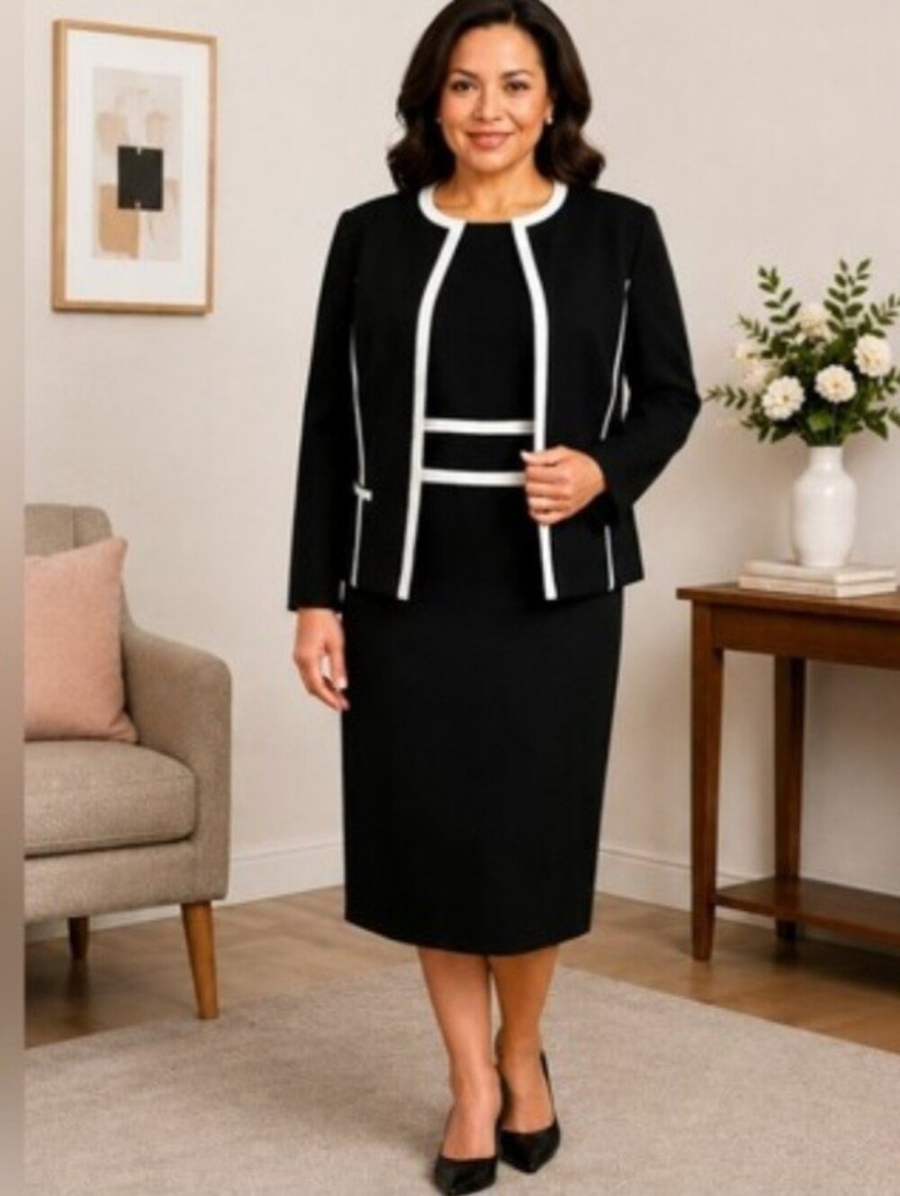 Black Label Evan-Picone 2-Piece Dress Suit Size 12 Black White Career Formal